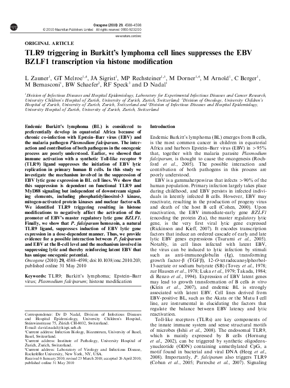 (PDF) TLR9 triggering in Burkitt's lymphoma cell lines suppresses the ...