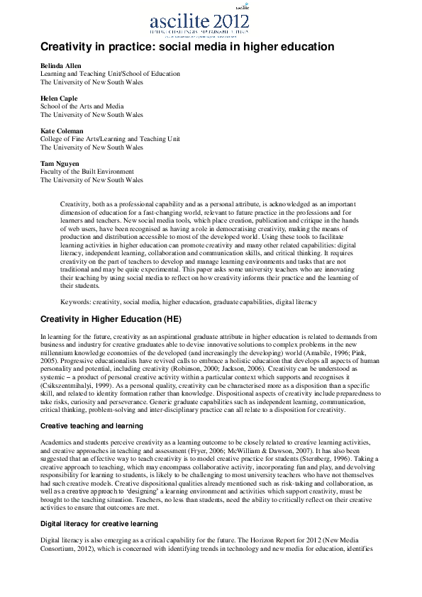 (PDF) Creativity in practice: social media in higher education