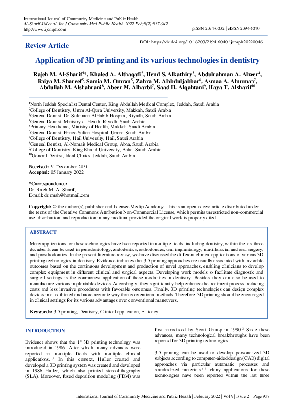 (PDF) Application of 3D printing and its various technologies in dentistry