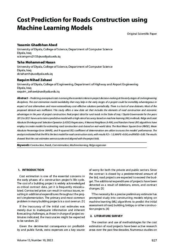 (PDF) Cost Prediction for Roads Construction using Machine Learning Models