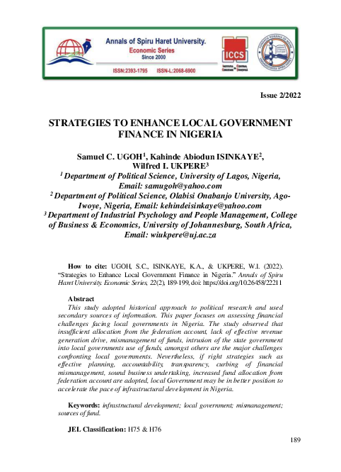 (PDF) Strategies to Enhance Local Government Finance in Nigeria