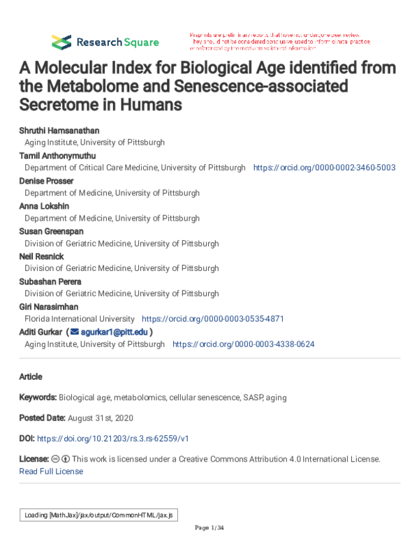 (PDF) A Molecular Index for Biological Age identified from the ...