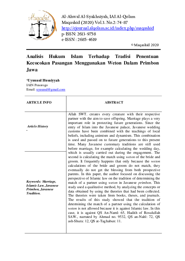 (PDF) Analisis Hukum Islam Terhadap Tradisi Penentuan Kecocokan ...