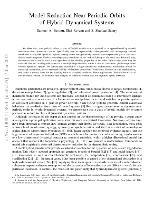 (PDF) Model Reduction Near Periodic Orbits of Hybrid Dynamical Systems