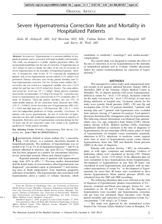 (PDF) Severe Hypernatremia Correction RateMortality in Hospitalized