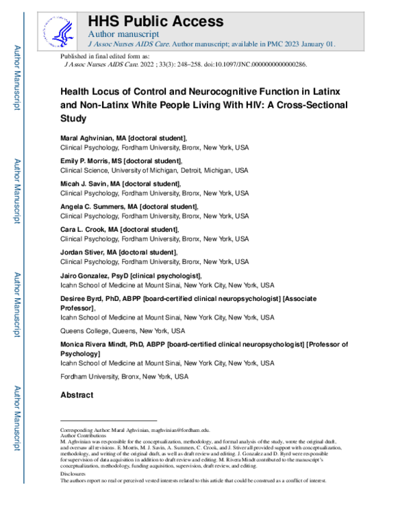 (PDF) Health Locus of Control and Neurocognitive Function in Latinx and ...