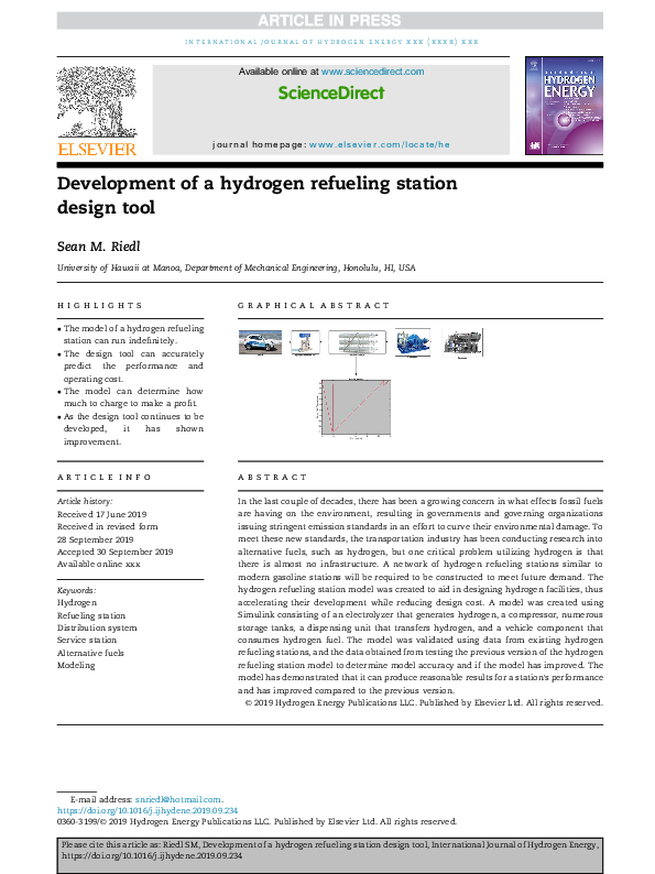 (PDF) Development of a Hydrogen Refueling Station Design Tool | Sean ...