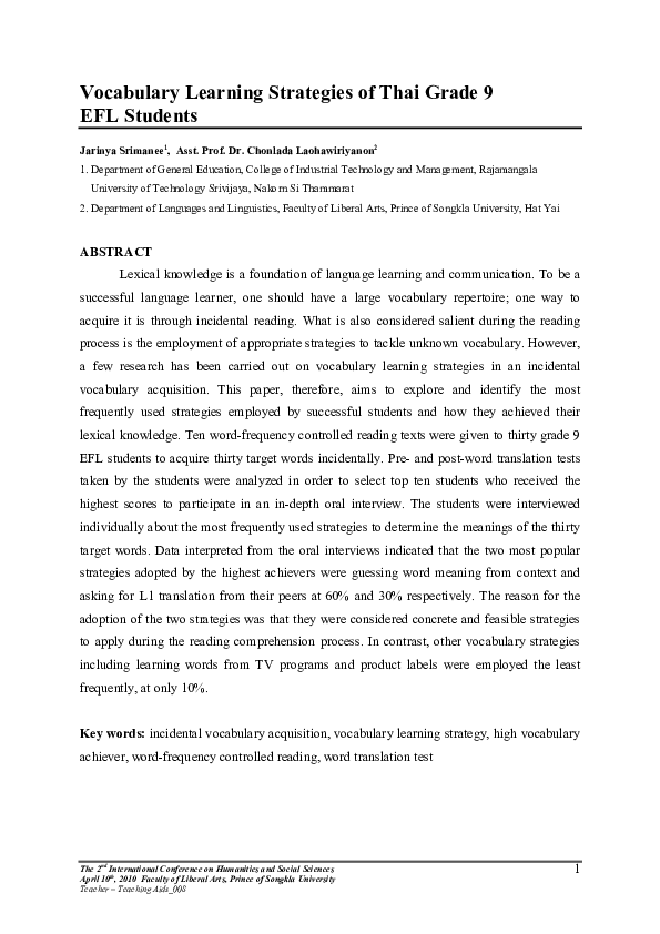 (PDF) Vocabulary Learning Strategies of Thai Grade 9 EFL Students