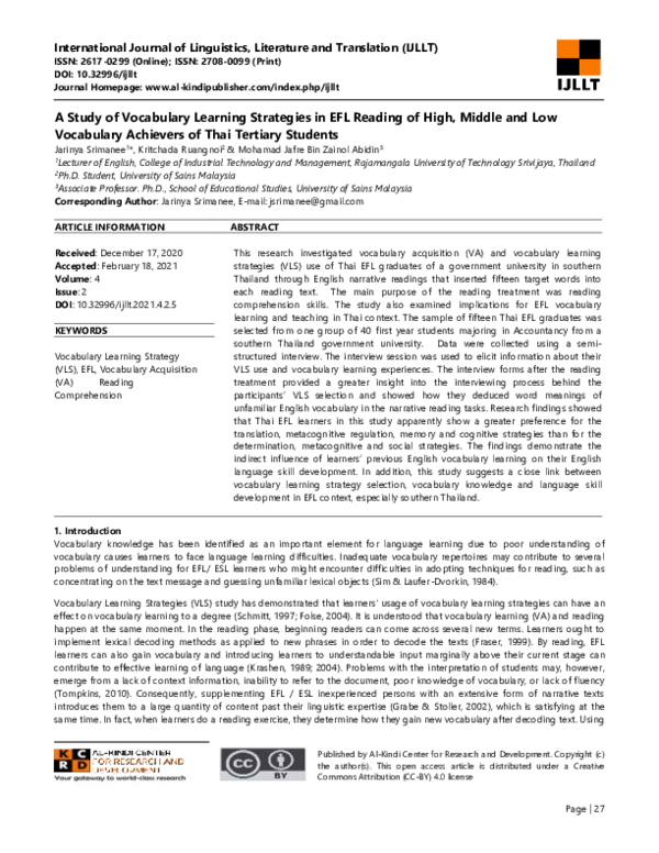 (PDF) A Study of Vocabulary Learning Strategies in EFL Reading of High ...