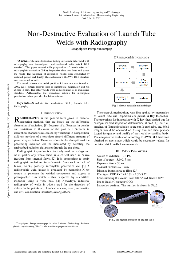 (PDF) Non-Destructive Evaluation Of Launch Tube Welds With Radiography