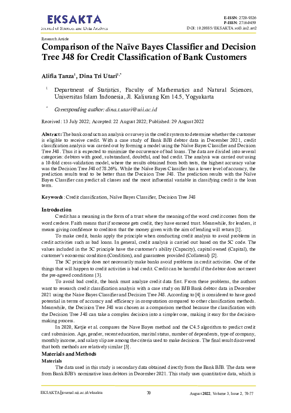 (PDF) Comparison of the Naïve Bayes Classifier and Decision Tree J48 ...