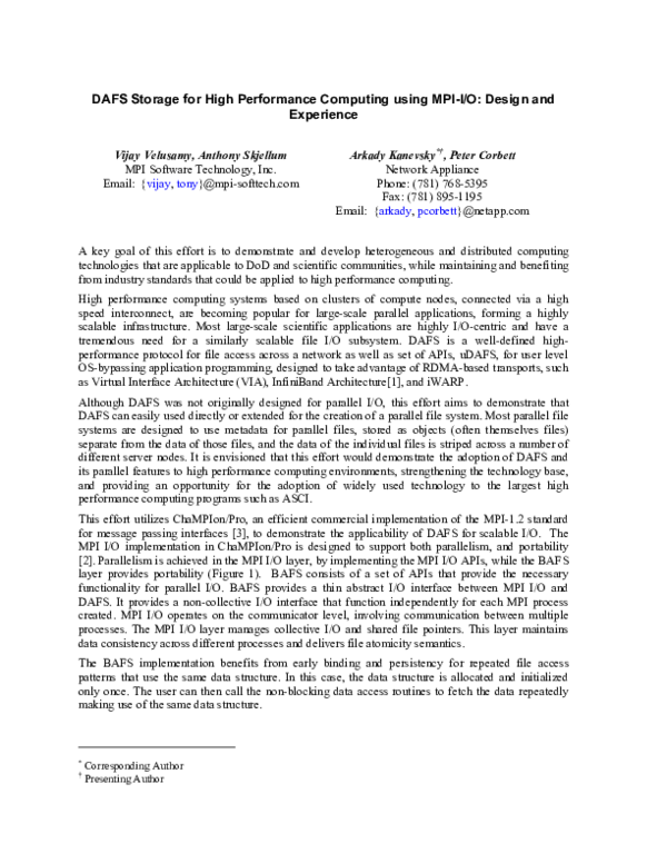 (PDF) DAFS Storage for High Performance Computing Using MPI-I/O: Design ...