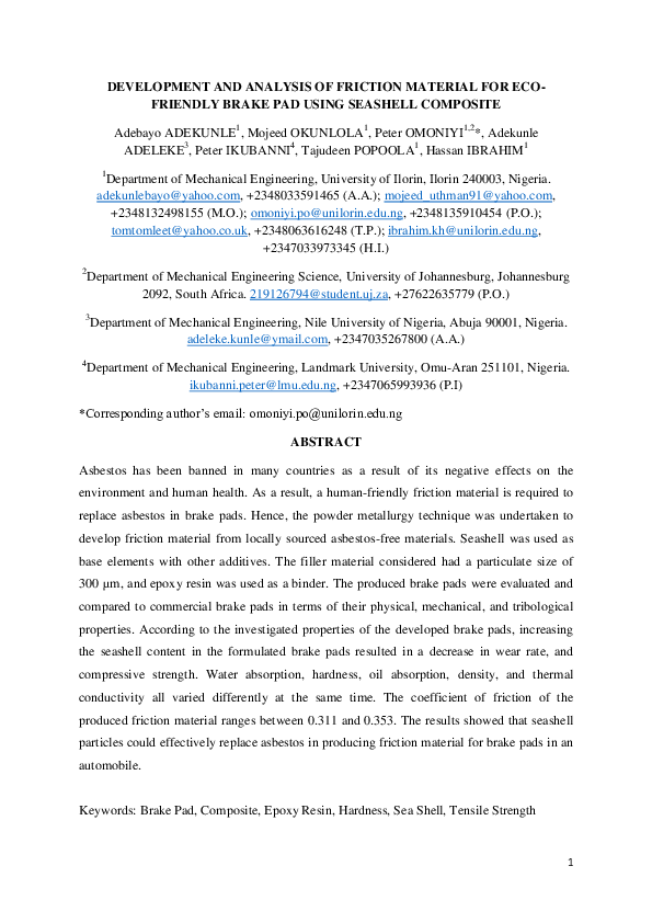 (PDF) Development and Analysis of Friction Material for Eco-Friendly ...