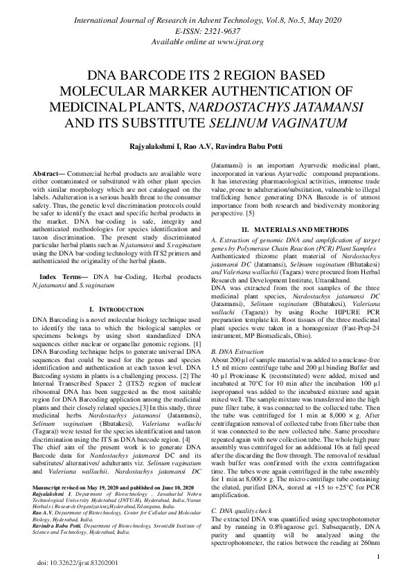 (PDF) DNA Barcode its 2 Region Based Molecular Marker Authentication of ...