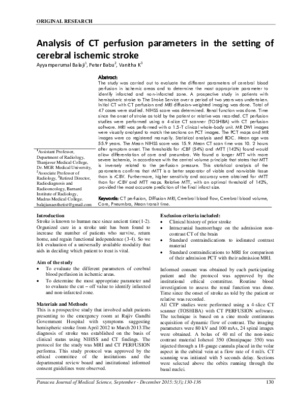 (PDF) Analysis of CT perfusion parameters in the setting of cerebral ...