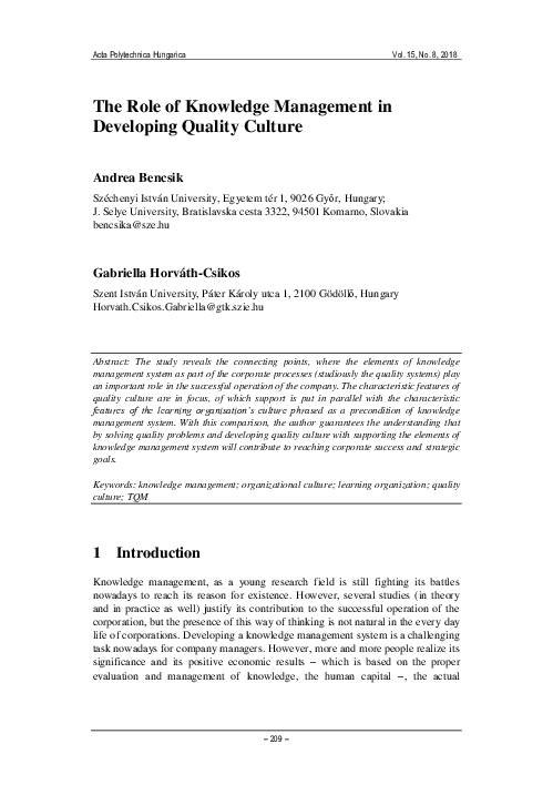 (PDF) The Role of Knowledge Management in Developing Quality Culture