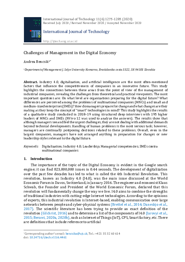 (PDF) Challenges of Management in the Digital Economy