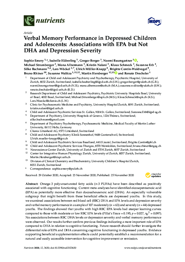 (PDF) Verbal Memory Performance in Depressed Children and Adolescents Associations with EPA but