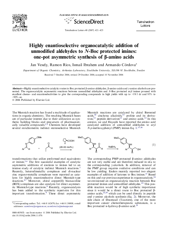 (PDF) Highly Enantioselective Organocatalytic Addition of Unmodified ...