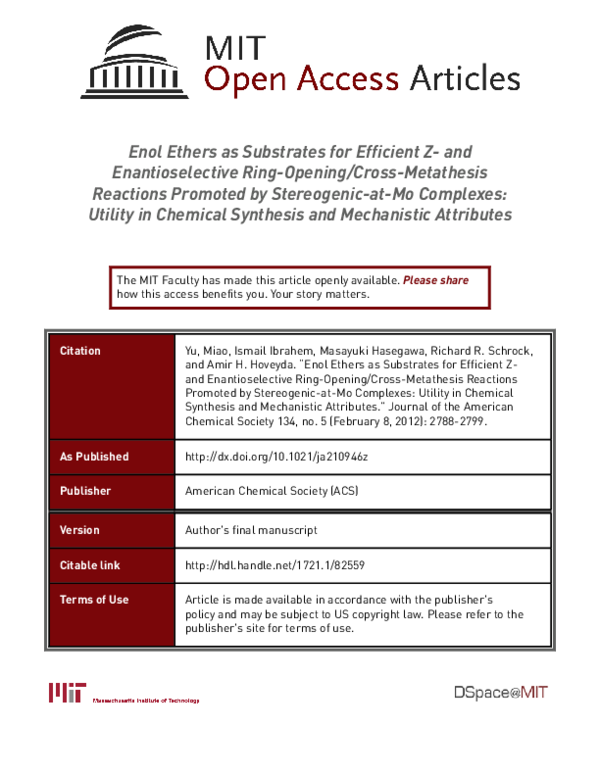 (PDF) Enol Ethers as Substrates for Efficient Z- and Enantioselective ...