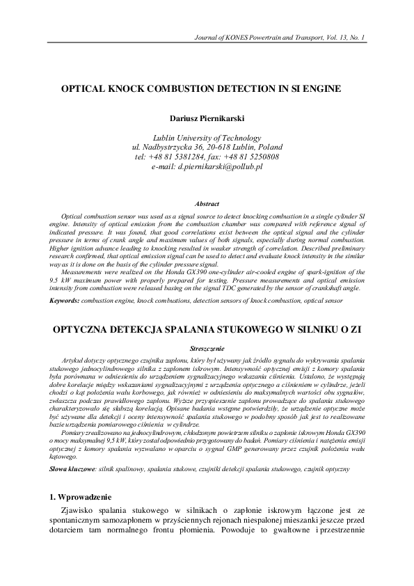 (PDF) Optical knock combustion detection in SI engine