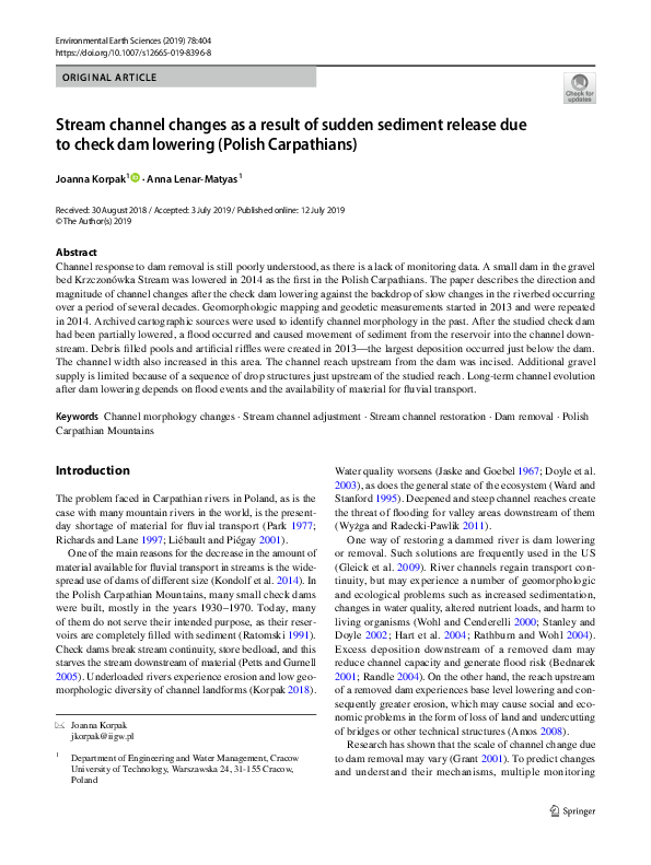 (PDF) Stream channel changes as a result of sudden sediment release due ...
