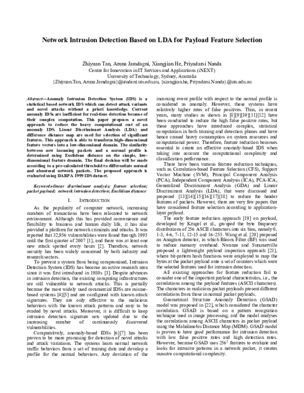 (PDF) Network Intrusion Detection based on LDA for payload feature ...