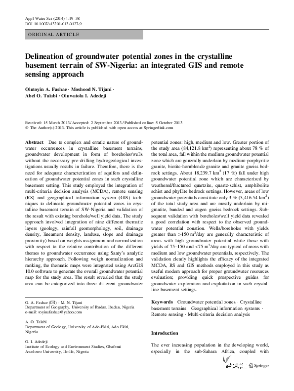 (PDF) Delineation of groundwater potential zones in the crystalline ...