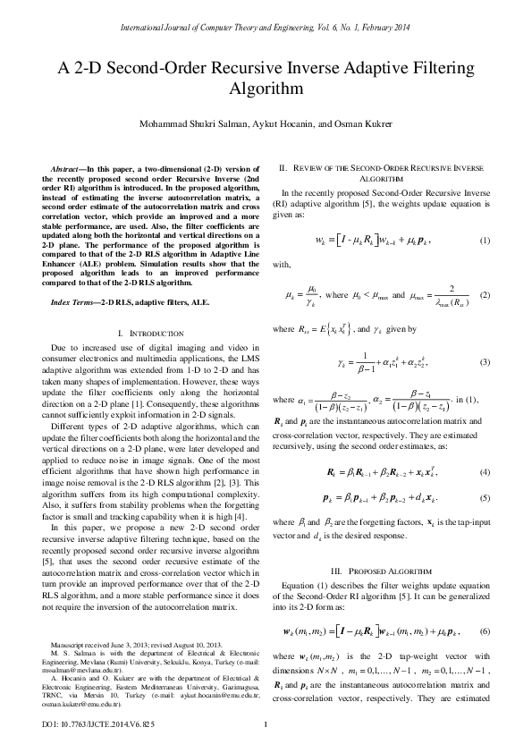 (PDF) A 2-D Second-Order Recursive Inverse Adaptive Filtering Algorithm