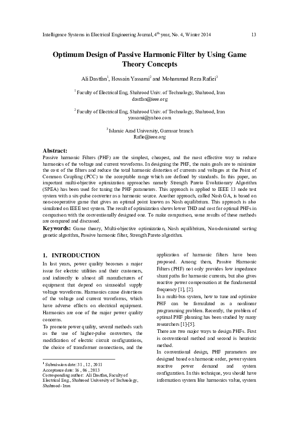 (PDF) Optimum Design of Passive Harmonic Filter by Using Game Theory ...