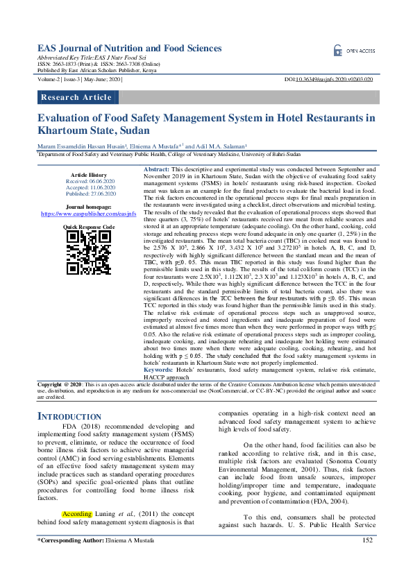 (PDF) Evaluation of Food Safety Management System in Hotel Restaurants ...