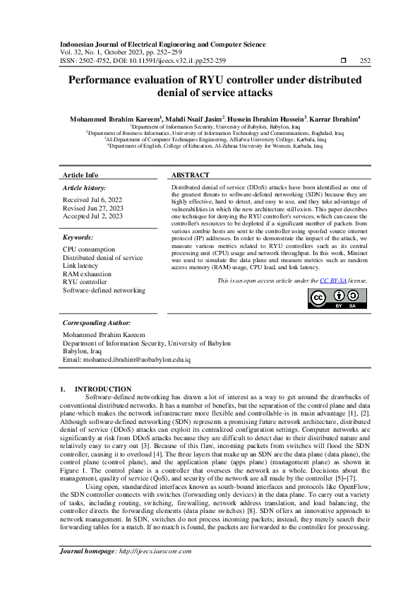 (PDF) Performance evaluation of RYU controller under distributed denial ...
