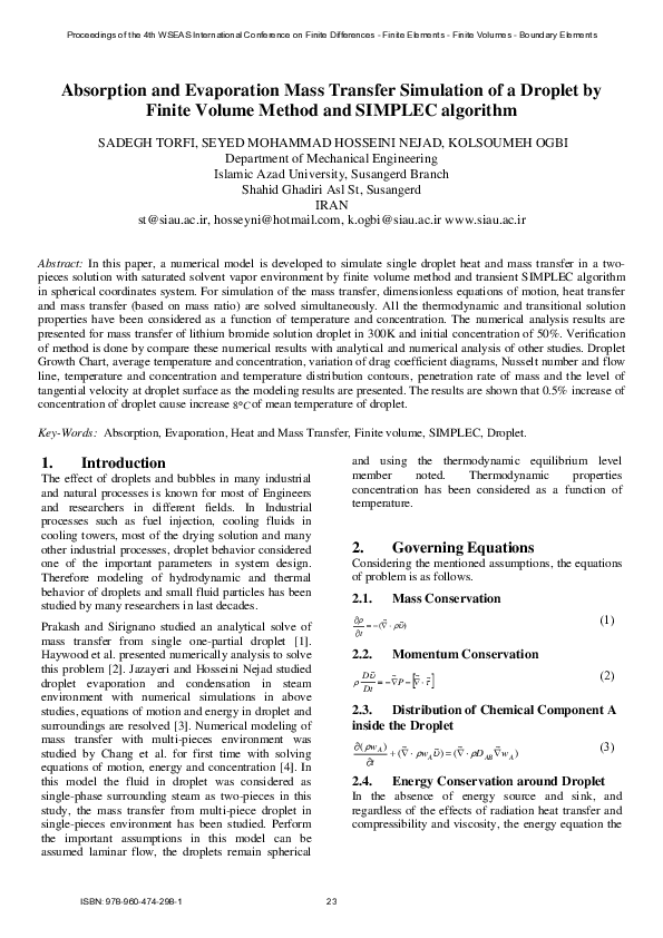 (PDF) Absorption and Evaporation Mass Transfer Simulation of a Droplet ...