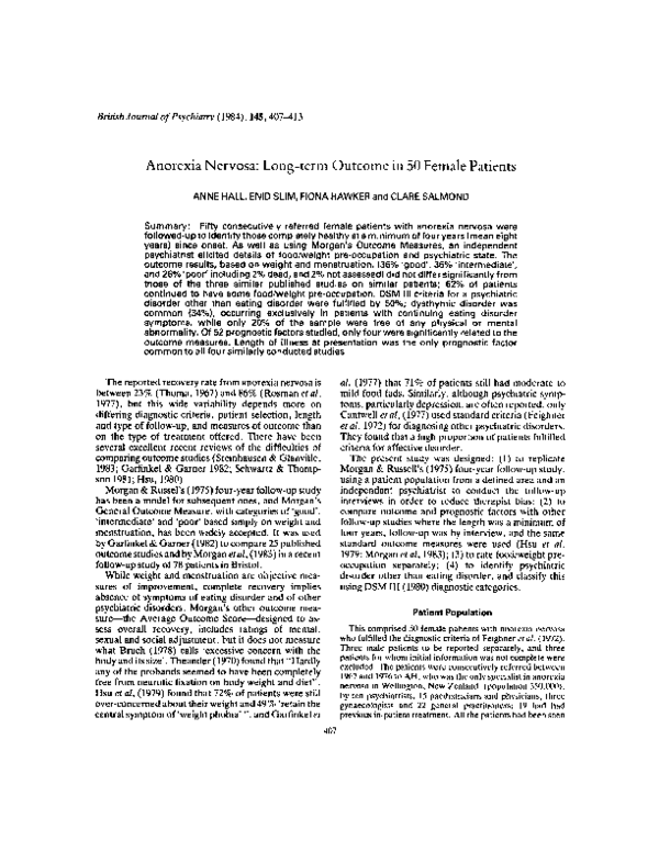(PDF) Anorexia Nervosa: Long-term Outcome in 50 Female Patients