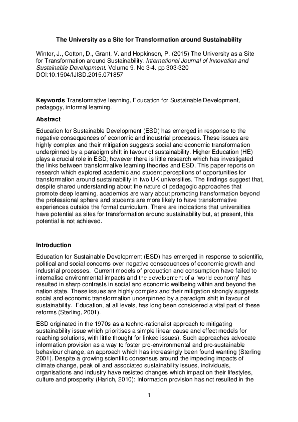 (PDF) The university as a site for transformation around sustainability