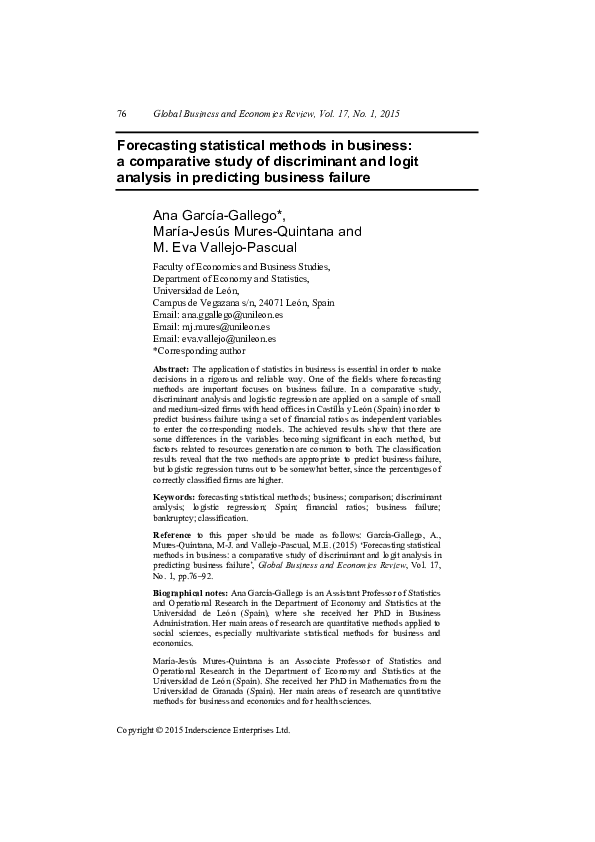 (PDF) Forecasting statistical methods in business: a comparative study ...
