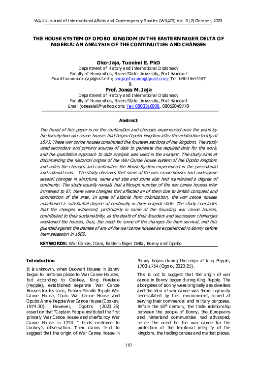 (PDF) THE HOUSE SYSTEM OF OPOBO KINGDOM IN THE EASTERN NIGER DELTA OF