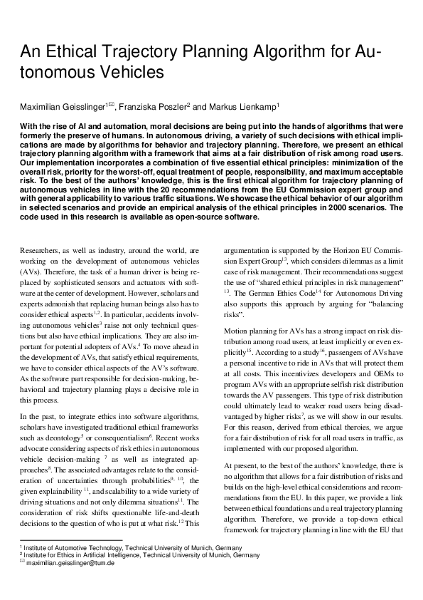 (PDF) An Ethical Trajectory Planning Algorithm for Autonomous Vehicles