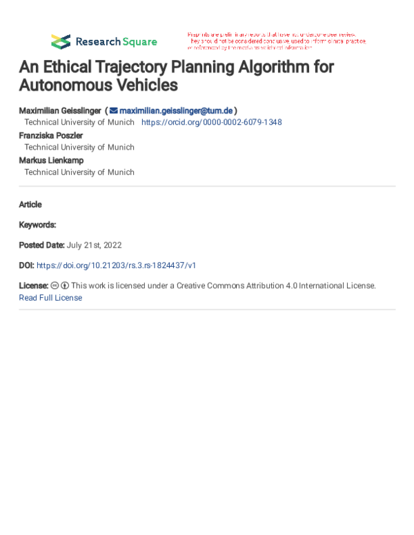 (PDF) An Ethical Trajectory Planning Algorithm for Autonomous Vehicles