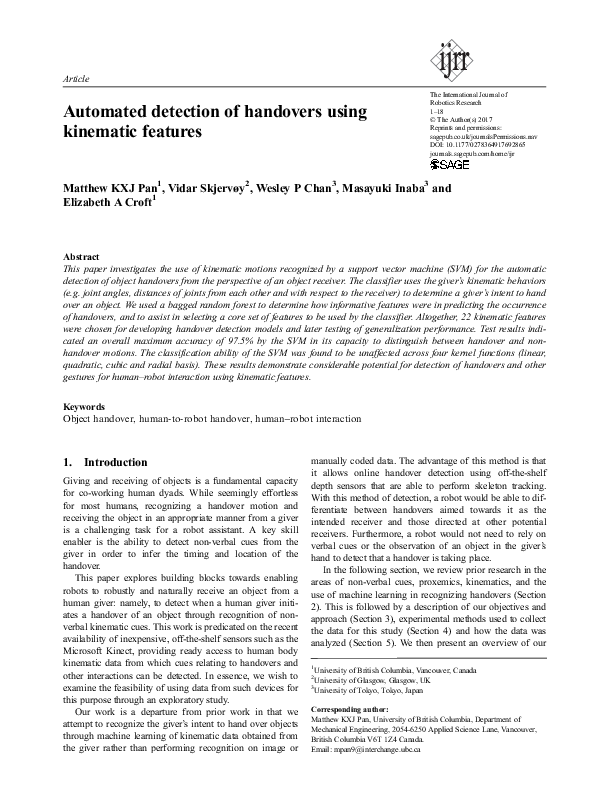 (PDF) Automated detection of handovers using kinematic features