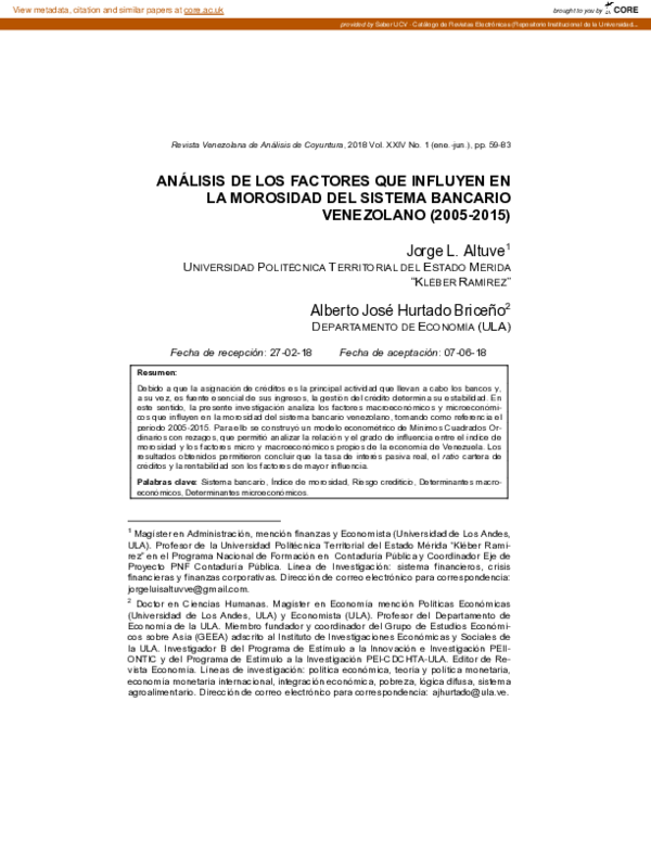 (PDF) Análisis De Los Factores Que Influyen en La Morosidad Del Sistema ...