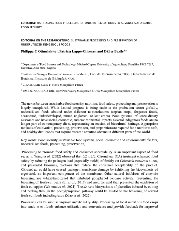 (PDF) EDITORIAL: HARNESSING FOOD PROCESSING OF UNDERUTILIZED FOODS TO ...