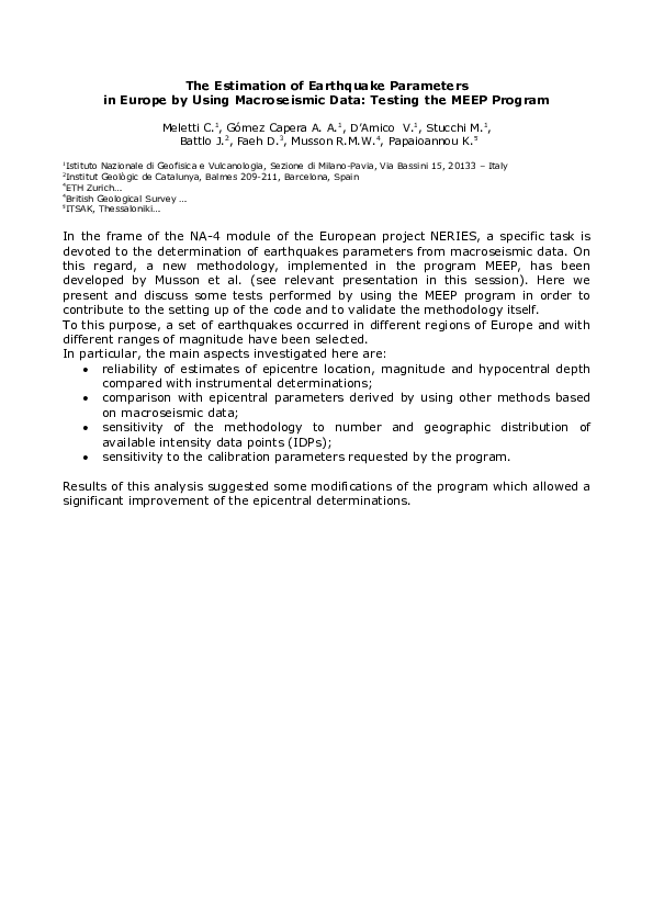 (DOC) The Estimation of Earthquake Parameters in Europe by Using ...