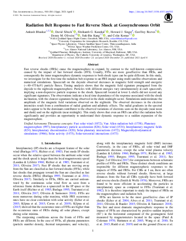 (PDF) Radiation Belt Response to Fast Reverse Shock at Geosynchronous Orbit