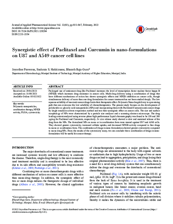 (PDF) Synergistic effect of Paclitaxel and Curcumin in nano ...