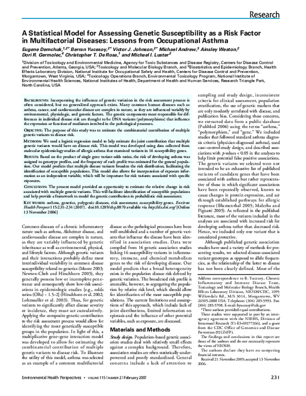 (PDF) A Statistical Model for Assessing Genetic Susceptibility as a ...