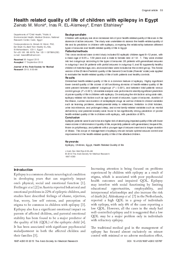 (PDF) Health related quality of life of children with epilepsy in Egypt