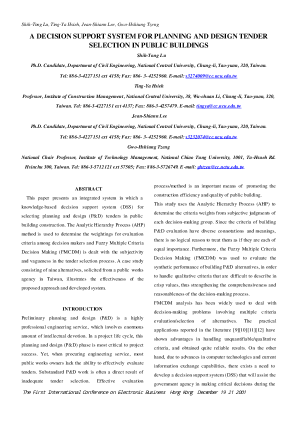 (PDF) A Decision Support System for Planning and Design Tender ...