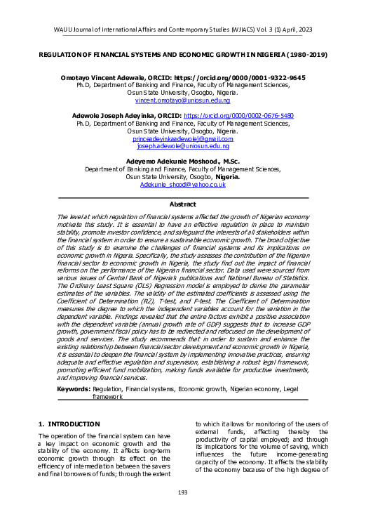 (PDF) . Regulation of Financial Systems and Economic Growth in Nigeria ...