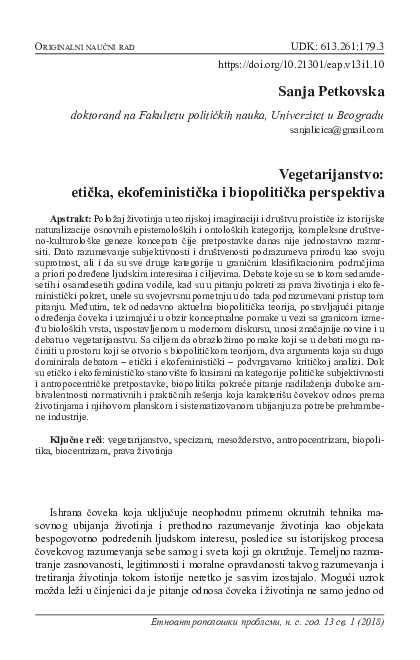 (PDF) Vegetarijanstvo: etička, ekofeministička i biopolitička ...